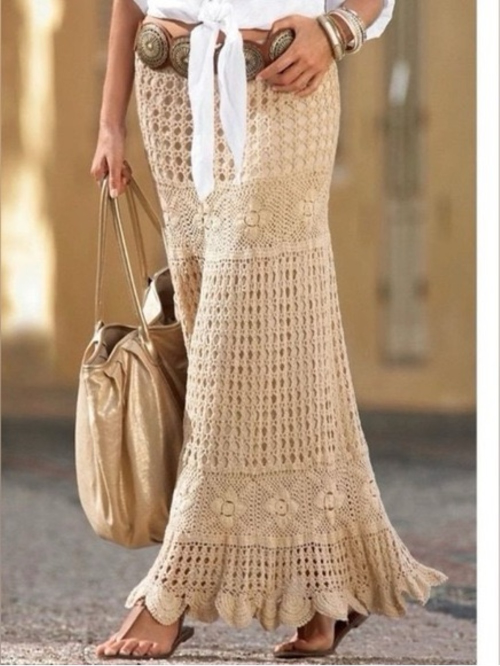 Lucky & Coco Womens Crochet Maxi Skirt L Ivory Drawstring Boho Grandmacore - Picture 2 of 11
